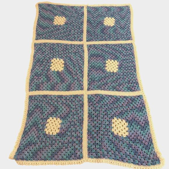 Vintage Handmade Afghan Crochet Blanket Purple Blue Ivory Granny Square 60x42